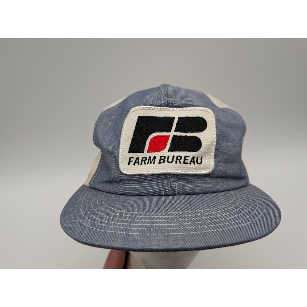 Vintage K-Products Farm Bureau Trucker Hat Blue White Mesh Snapback Made in USA